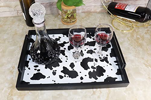 MCBZ Living Room Decorative Tray, Serving Tray, Coffee Table Tray, Leather Tray, Hardware Handle 16.5 x 12.6 inches (Black) - color: Black/White Cow Pattern