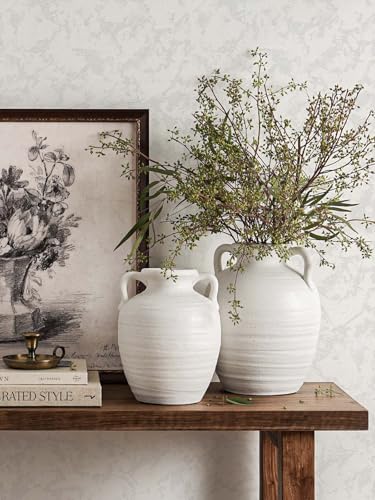 Large White Ceramic Vase - 9.5 Inch Rustic Farmhouse Flower Vase with Handles for Home Decor, Vintage Tall Vase for Living Room, Table, Bathroom, Holiday & Weddings (Sandstone White) - color: Sandstone White-9.5"