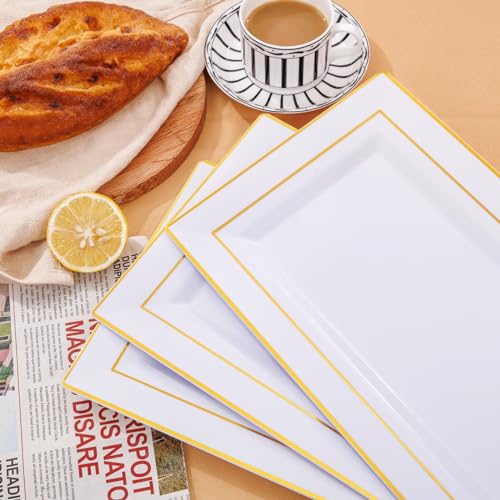 I00000 6 Pack Plastic Serving Trays, Gold Rim Disposable Serving Trays, Gold Disposable Serving Platter for Food Party Serving Platters and Plastic Trays 13.97x8.46 inches - color: White Gold