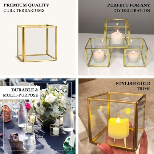 Efavormart 3-Pack Glass Tealight Votive Candle Holders 3" Square Cube Design Clear with Gold Metal Frame - Stackable (Clear, Type11) - color: Clear Glass/Gold Metal, size: 3 inches