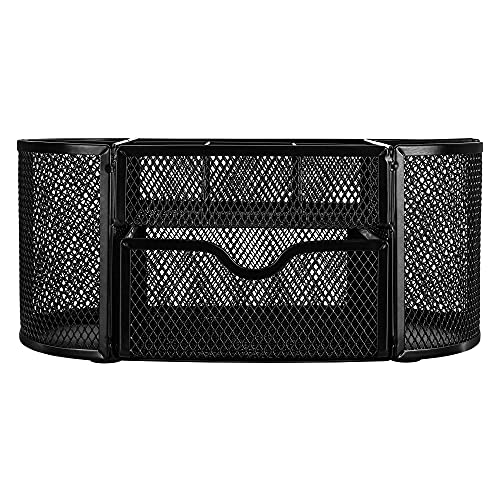 Amazon Basics Mesh Desk Organizer with Pen Holder, Pullout Drawer and Office Caddy Storage, 9.25" x 4.53" x 3.94", Black - style: Desk Organizer