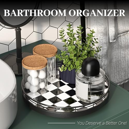 10.2-Inch Black & White Checkerboard Lazy Susan Organizer – Rotating Serving Tray with Oak Base, Iron Frame, & Ceramic Tile –Perfect for Dining Table, Kitchen Cabinet, Bathroom Countertop, Home Décor