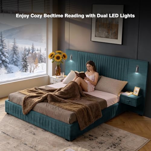 Luxury Queen Size Bed Frame with Oversized Upholstered Headboard, Modern Chenille Upholstered Platform Bed Frame with Gold LED Lights, Nightstands, No Box Spring Needed, Blue - color: Blue, size: Queen