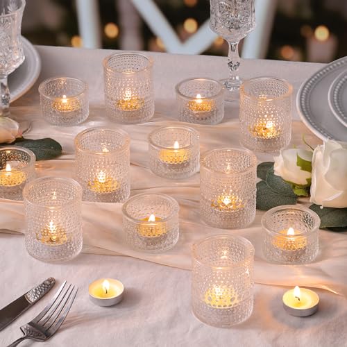 NITIME Glass Votive Candle Holders Set of 24, Assorted Heights Polka Dot Tea Light Holders for Wedding Centerpieces, Table Decor, Party & Home Decoration, Fits Standard Votives & Tea Lights - color: Clear