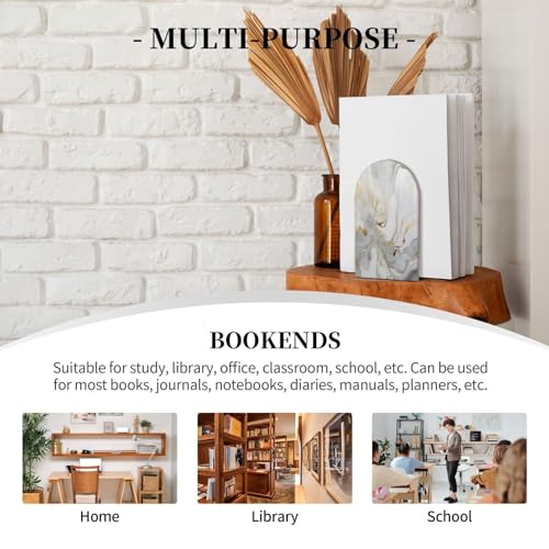 Decorative Bookends 2 Pcs White Golden Marble Print Wood Bookends for Shelves Heavy Books Kids Non-Skid Book Ends Stoppers for Office Desk Kitchen School