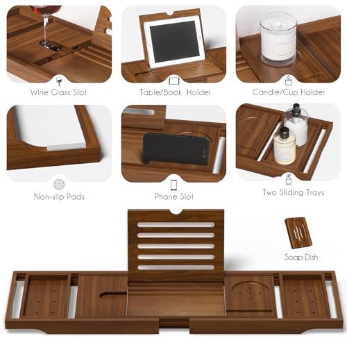 Kiasthome Teak Bathtub Caddy, Expandable Bath Tray, Non‑Slip Luxury Tub Caddy with Wine Phone Tablet Holder, Wooden Bath Accessory for Home Spa and Gift