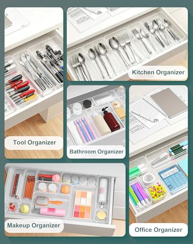 55Pcs Clear Plastic Drawer Organizers Set, 4size makeup drawer organizer trays for vanity,desk,bathroom,office,nightstand,gadgets for kitchen drawer, Versatile drawer divider storage bins - size: S55(3-8-16-28)