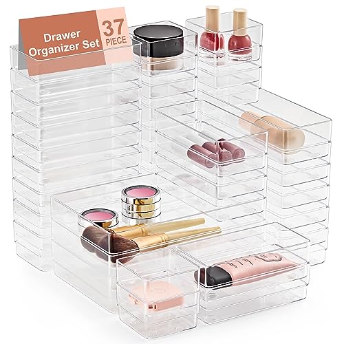 SMARTAKE 37-Piece Drawer Organizer with Non-Slip Silicone Pads, 4-Size Desk Drawer Organizer Trays Storage Tray for Makeup, Jewelries, Utensils in Bedroom Dresser, Office and Kitchen (Clear) - style: 37 PCS