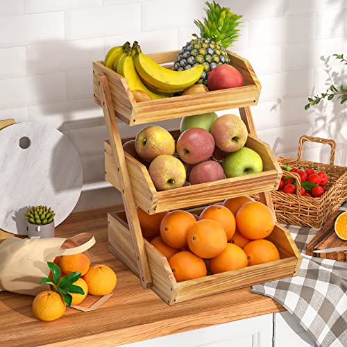 G.a HOMEFAVOR Wooden 3 Tier Fruit Basket, Brown, Pine Wood, Sturdy, Self-assembly - color: Pine Wood, size: 3-Tier