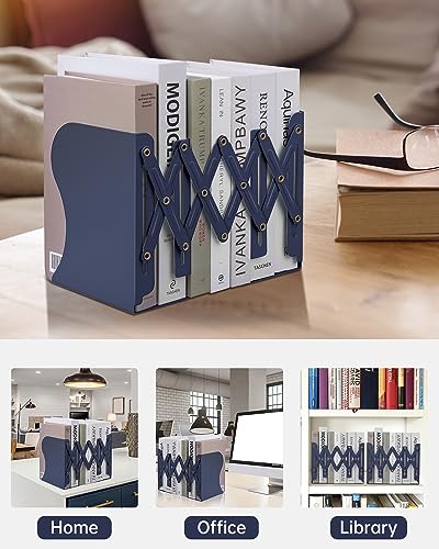 Honagu Adjustable Bookends, Metal Book Ends for Shelves Heavy Book, Desk Magazine File Organizer for Home, Office, Books, Papers, Extends up to 19 inches (Royal Blue) - color: Royal Blue