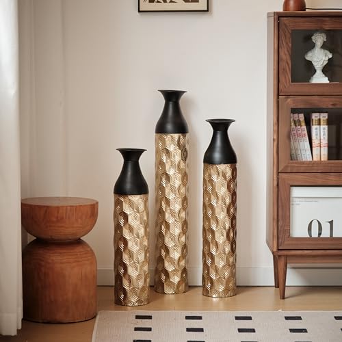 Floor Vases, Tall Home Decor Metal Vase Set of 3 Large Glazed Decorative Vases for Wedding Decor, Elegant Modern Flower Holder for Living Room, Entryway, Hallway, Dining Room - color: Hexagon Black Gold