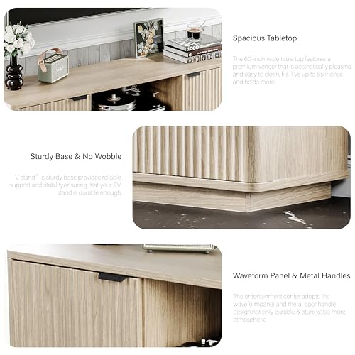 60'' Fluted TV Stand, Console Table, Mid Century Modern Curved TV Stands with Water Wave Shaped Door, Entertainment Center with Metal Handle, Living Room (Cream Yellow Wood Grain)