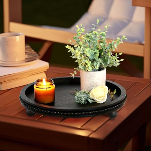 Wooden Beaded Decor Tray for Coffee Table, Rustic Wooden Trays Table Centerpieces, Decorative Trays for Home Decor Kitchen Table Farmhouse Serving Tray (Round Black) - color: Round Black