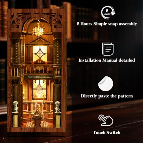 Book Nook Kit with Dust Cover & Stickers, Dust Cover, Bookshelf Insert Decor for Birthday, 3D Wooden Bookends Puzzle, Miniature Dollhouse Kit for Adults, Teens, Beginners（Philosophical Library） - style: Philosophical Library