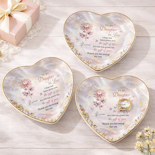 Personalized Daughter in Law Gifts Heart Shaped Jewelry Dish, Sentimental Gift from Mother-in-law, Custom Birth Flower, Birthday Gift for Daughter in Law Appreciation Present - color: Daughter In Law 132