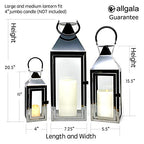 Allgala 3-PC Lantern Set 24 Inch Jumbo Deluxe Modern Indoor/Outdoor Candle Lantern Set Silver Stainless Steel Frame Tempered Glass Pyramid Top for Garden Poolside Fireplace Wedding - color: Pyramid Top Silver