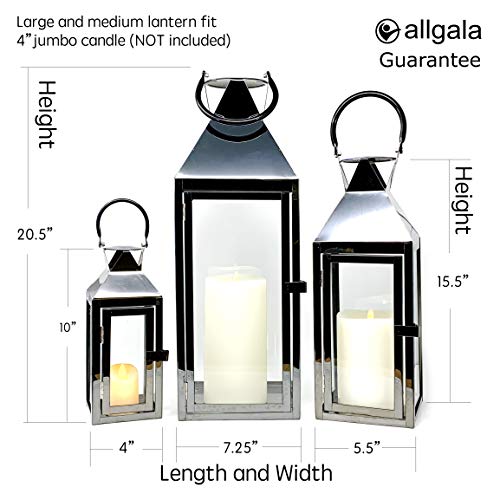 Allgala 3-PC Lantern Set 24 Inch Jumbo Deluxe Modern Indoor/Outdoor Candle Lantern Set Silver Stainless Steel Frame Tempered Glass Pyramid Top for Garden Poolside Fireplace Wedding - color: Pyramid Top Silver