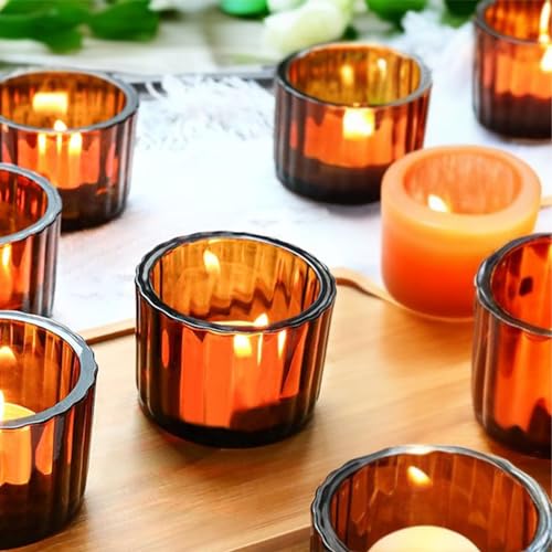 GOLDEAL Amber Tealight Candle Holder,Set of 24 Thick Glass,Tea Light Holders Bulk,Votive Candle Holders,for Wedding Table Decor,Party Supplies,Bridal/Baby Shower Decorations,Centerpieces for Tables - color: Amber