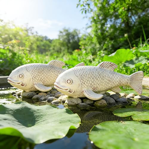 Teaeeno Set of 2 Antique Koi Fish Statue, Outdoor Garden Sculpture for Patio, Backyard, Pond, and Home Decor (White) - color: White