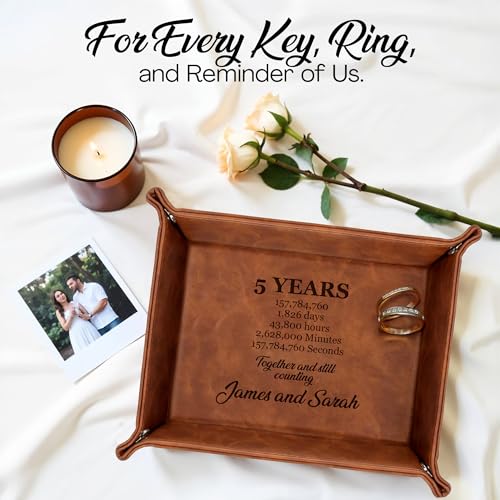 Engraved Leather Tray with Custom Name, Personalized Anniversary Idea for Him and Her, Jewelry Organizer Tray for Dresser, Desk, Nightstand, Office Keepsake Box for Men, Husband - style: Anniversary