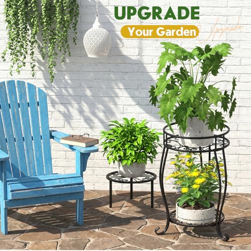 TOSKING 2-Tier & 9.1'' Single Metal Plant Stand Set – Single Stand with Adjustable Leveling Feet, Rustproof Heavy Duty Flower Pot Holder for Indoor/Outdoor, Stable Multiple Plant Rack for Balcony Garden Patio Living Room Bedroom, Black - size: 2Tier-19.5'