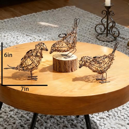 3PCS Bird Statue Farmhouse Decor Set - Christmas Ornament - Handwoven Natural Rattan Bird Figurines Table Decor, Multi-Pose Shelf & Mantel Accents - color: Coffee
