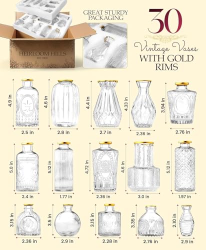 30 Pcs Premium Clear Bud Vases with Gold Rims - Small Bud Vases in Bulk for Table & Wedding Decor - Mini Vases for Flowers, Centerpieces and Home Decorations - Event Styling Vintage Vases - color: 30 Pcs Clear + Gold Rim, size: 30 Pcs