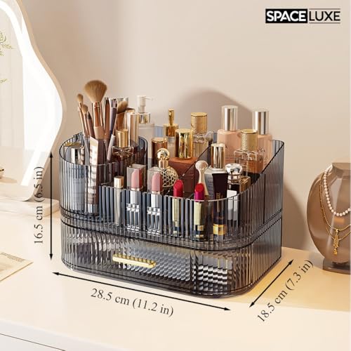 Makeup Organizer with Drawers and 360° Rotating Brush Holder, Large Capacity Cosmetic Storage for Vanity, Skincare, Perfume, Hair Accessories, Lipstick & Jewelry (Transparent Gray, 2-layer) - color: Transparent Gray, size: 2-layer