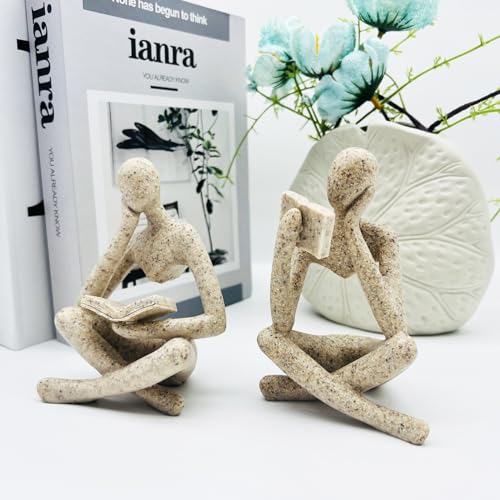 2 Pcs Home Decor Sandstone Reading Thinker Statue Modern Figurines Abstract Aesthetic Sculpture Thinker Statuettes of Resin for Home Decoration Living Room Office Bookshelf Shelf Table