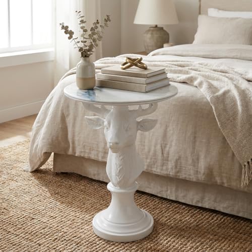 Modern Accent TableLiving Room White Deer Statue Contemporary‌ Faux Marble Night Stand Side Table with White Deer Base Reception Area & Bedroom（Width 19.69" ——Tall 25.59"） - style: White Deer Statue Table