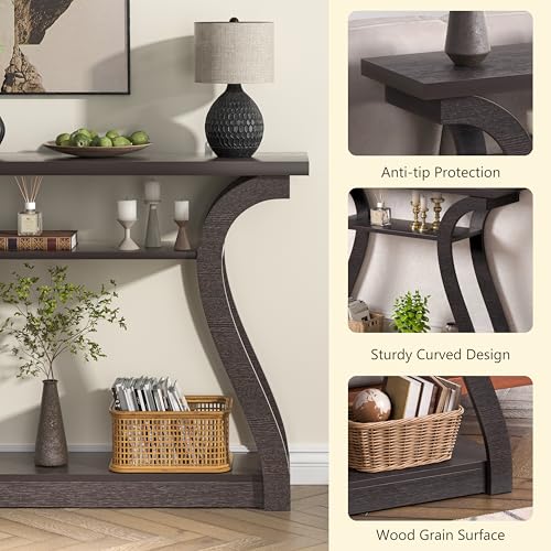 47" Wood Console Table for Entryway, Narrow Sofa Table with 3-Tier Shelves, Curved Legs Farmhouse Hallway Table, Skinny Console Table Behind Couch, Rustic Wooden Entry Table for Living Room (Brown) - color: Reddish Brown
