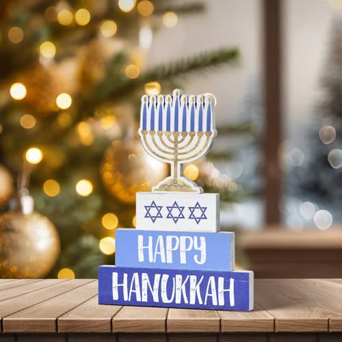 Smile Hanukkah Wood Decoration Set Hanukkah Sign and Blocks Farmhouse Decor Rustic Menorah Hexagram, Party Supplies Gifts Festive Holiday Centerpiece and Table Decoration - style: Hanukkah