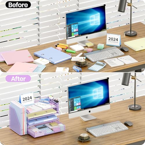 OPNICE Desk Organizer, 4-Tier Desktop File Organizer with Drawer and 2 Pen Holders, Office Desk Accessories, File Sorters, Workspace Organizers for Office Supplies(Purple) - color: Purple, size: 4-Tier