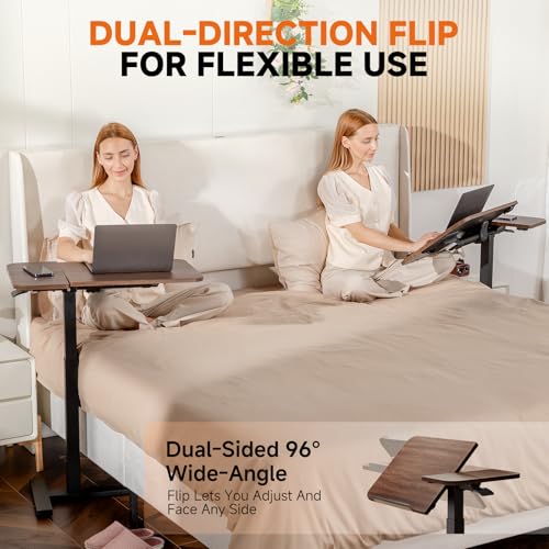 GTPLAYER Overbed Bedside Table with Wheels,Tiltable Hospital Bed Table Over The Bed, Pneumatic Adjustable Rolling Laptop Desk, Mobile Standing Desk for Hospital and Home Use (Walnut) - color: Walnut