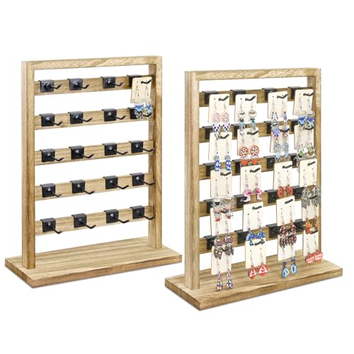 Ikee Design Free Assemble 2 Pcs Set Wooden Jewelry Display Rack with 20 Removable Metal Hooks/Each, Earring Display Holder Stand for Earring,Necklaces,Bracelet, Keychain Stand, Oak Color - color: b) Oak, 2 Pieces