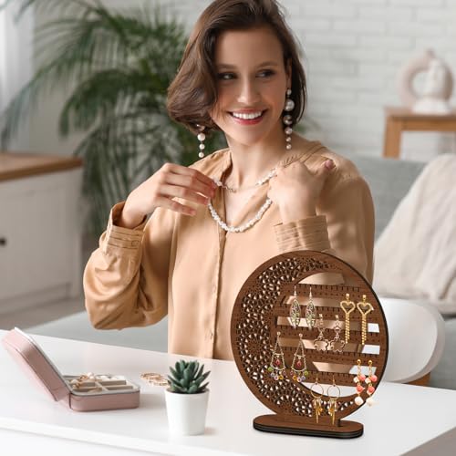 Kathfly Large Boho Moon Wooden Earring Display Organizer Stand Gift 10 Inch Floral Goth Earrings Stud Jewelry Holder Dangle Hanging Holder Gift for Women(Brown) - color: Brown