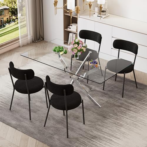 5 Piece Rectangular Glass Dining Table Set, 63'' Modern Kitchen Table Set Silver Base with 4 Minimalism Black Boucle Dining Chairs, Dining Table and Chairs for Home, Apartment - color: Silver+black Chairs, size: 63'' + 4 Chairs
