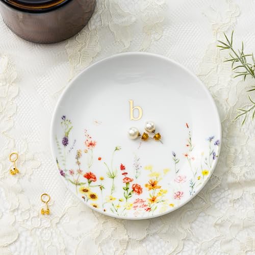 Crisky Initial Jewelry Tray Ring Dish & Gift Box, Ceramic Flower Trinket Dish for Rings Earrings Necklaces Keys, Bridal Shower Engagement Birthday Gift for Women, Friends 4.57" (Gold Foil B - style: Initial B