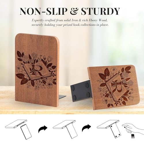 Wood Bookends, Book Ends for Shelves with Decorative Alphabet A and Z Design - Heavy Duty Iron & Ebony Wood Book Ends for Shelves Bookcase Desk - 1 Pair - R - color: R