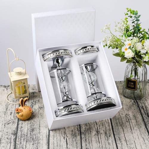 10" Tall Hurricane Candle Holder, Pillar Candle Holders with Glass Sleeve with Gift Box, Crystal Candle Stands for Home Warming, Weddiing, Dining Room Decor, Table Centerpiece (2, Silver, S) - color: Silver, size: Small