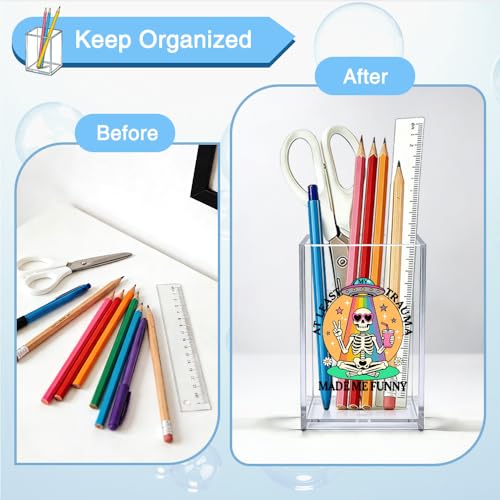 At Least My Trauma Made Me Funny Acrylic Organizer Pencil Pen Holder, Skeleton Acrylic Desk Organizer, Funny Gifts for Therapist Counselor, Mental Health Gifts for Stressed Coworker Student - style: At Least