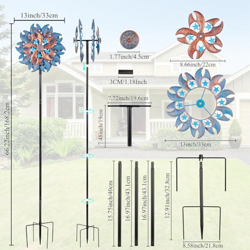 Wind Spinner Outdoor,Blue Copper Kinetic Metal Wind Spinner for Yard,Rustproof＆Waterproof Wind Sculpture,Metal Pinwheels for Yard Lawn Yard Art Outdoor Decor 13 * 66.2 inches - size: 13‘’Blue Copper with Star