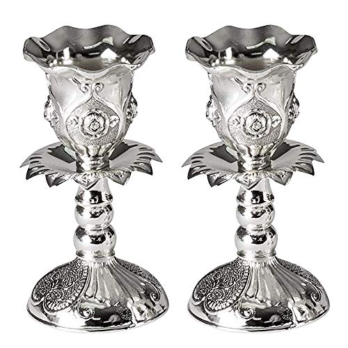 Ner Mitzvah Silver Plated Candlesticks, Pair of 4 Inch Ornate Candle Holders with Round Base and Floral Design (Pack of 2) - size: 4 inches