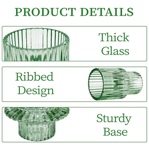 Candlestick Holders Set of 6, Ribbed Glass Taper Candle Holders, Reversible Green Tealight & Candle Stick Candle Holder Vintage Crystal Tapered Candlestick for Wedding Dinner Party Festival - color: Green