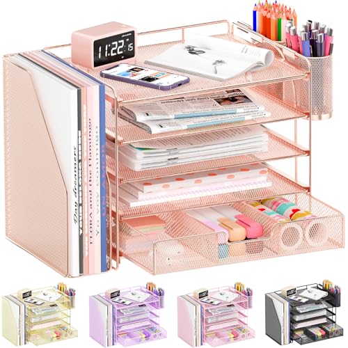 OPNICE Desk Organizer, 5-Tier Paper File Organizer with Drawer & Pen Holder, Office Desk Accessories, Workspace Desktop Organizer for Office Supplies(Rose Gold) - color: Rose Gold, size: 5-Tier