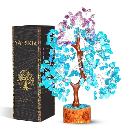 YATSKIA Turquoise and Amethyst Crystal Tree of Life - Gemstones and Crystals - Crystal Decor - Good Luck Gifts - color: Turquoise and Amethyst Silver Wire