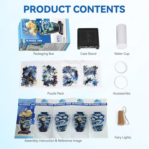 3D Puzzles Vase for Adults, Crafts for Adults, 120 Pieces Plastic DIY Unique Flower Vase with LED Light House Warming Gift Birthday Gifts for Flower Arrangements and Home Decor - color: Blue 3