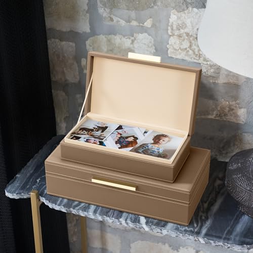 ZICOTO Decorative Storage Boxes with Lids – Set of 2 Beautiful PU Leather Organizer Bins for Your Bookshelf Home Decor - Safely Store Photos, Documents and Memory Box Keepsakes in Style - color: Brown