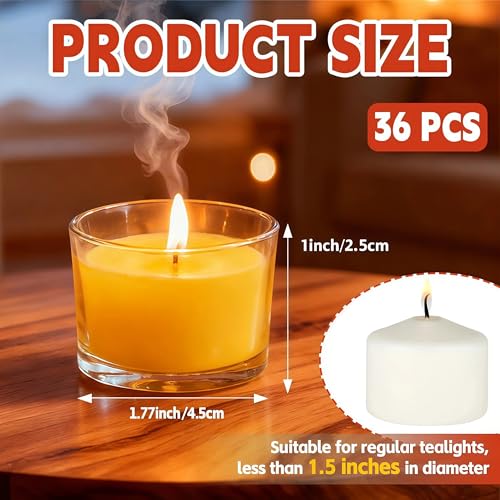 36 Pack Clear Glass Tealight Candle Holders, 1.8 Inch Wide x 1 Inch High, for 1.5" Tealights, Bulk for Wedding Centerpieces, Party, Dinner, Home Decor