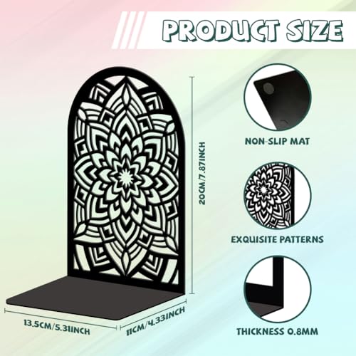 Peacoblue Metal Bookends for Shelves, Modern Decorative Heavy Duty Study Book Ends Stoppers for Office, Desk, Shelf, Room 5.3"x4.3"x7.9" Cast Iron Simple Tall Bookends 1 Pair (Mandala Pattern) - style: Mandala Pattern